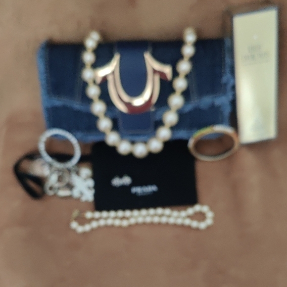 Denim Clutch with Gold Accent and Pearl Jewelry - Picture 10 of 16